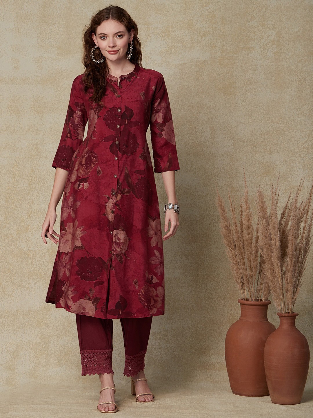 

FASHOR Floral Printed Kurta, Red