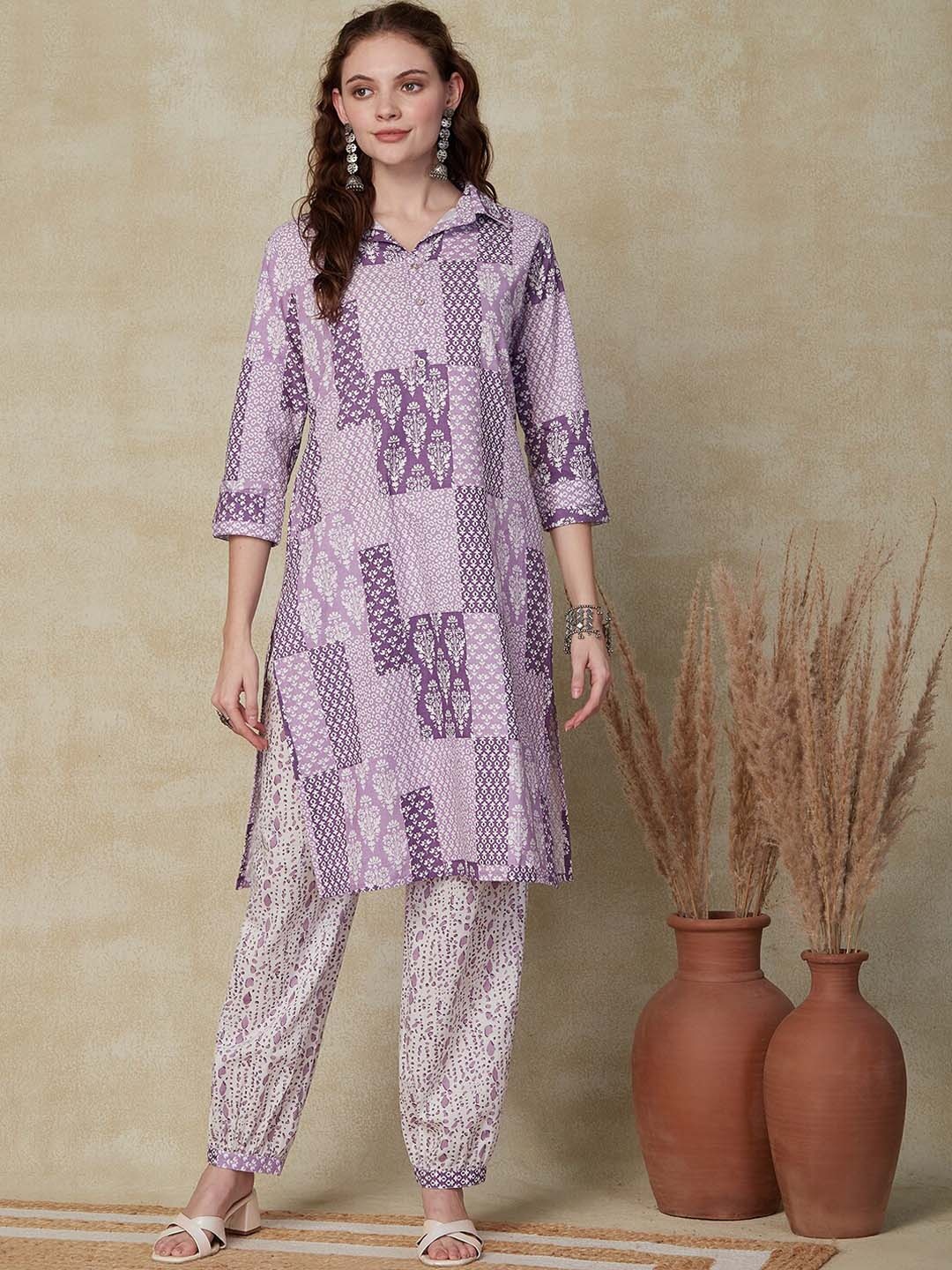 

FASHOR Purple Ethnic Motifs Printed Pure Cotton Straight Kurta With Salwar