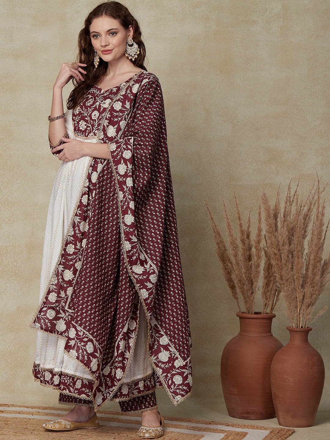 

FASHOR Ethnic Motifs Printed Pure Cotton Panelled Anarkali Kurta & Trousers With Dupatta, White