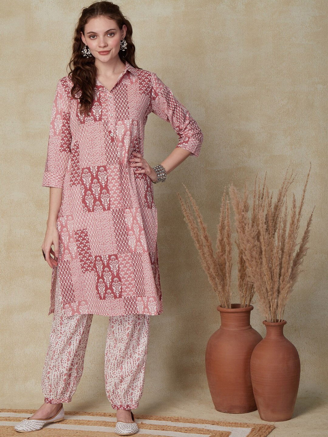 

FASHOR Ethnic Motifs Printed Pure Cotton Pathani Kurta with Salwar, Peach