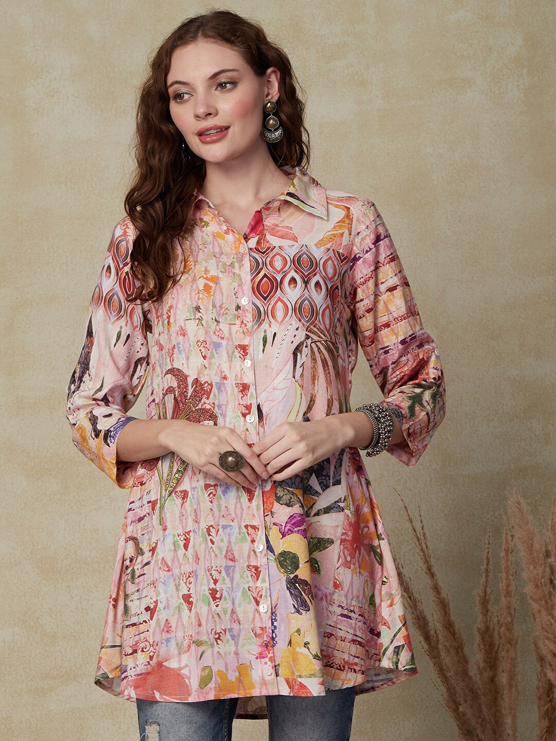 FASHOR Ethnic Motifs Printed Shirt Style Top, Pink