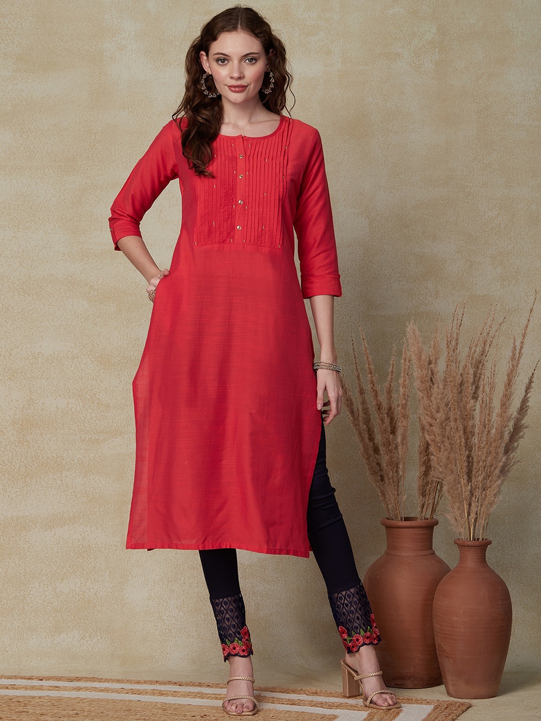 

FASHOR Pin-Tucks Embroidered Kurta, Coral
