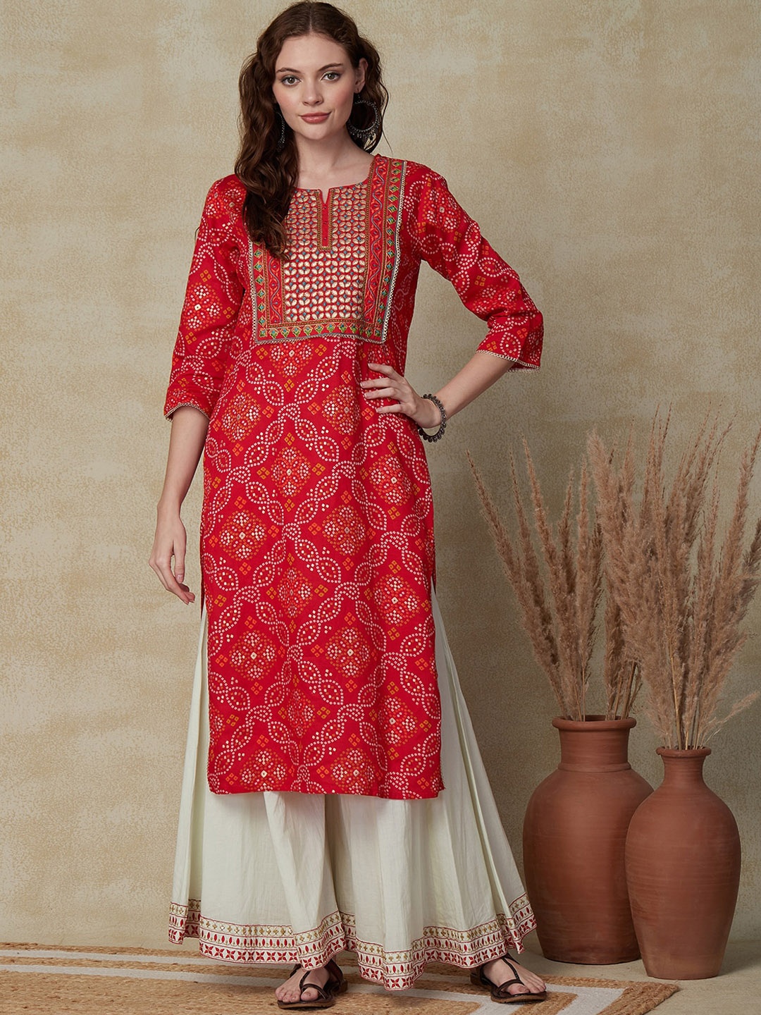 

FASHOR Bandhani Printed Embroidered Pure cotton Straight Kurta, Red