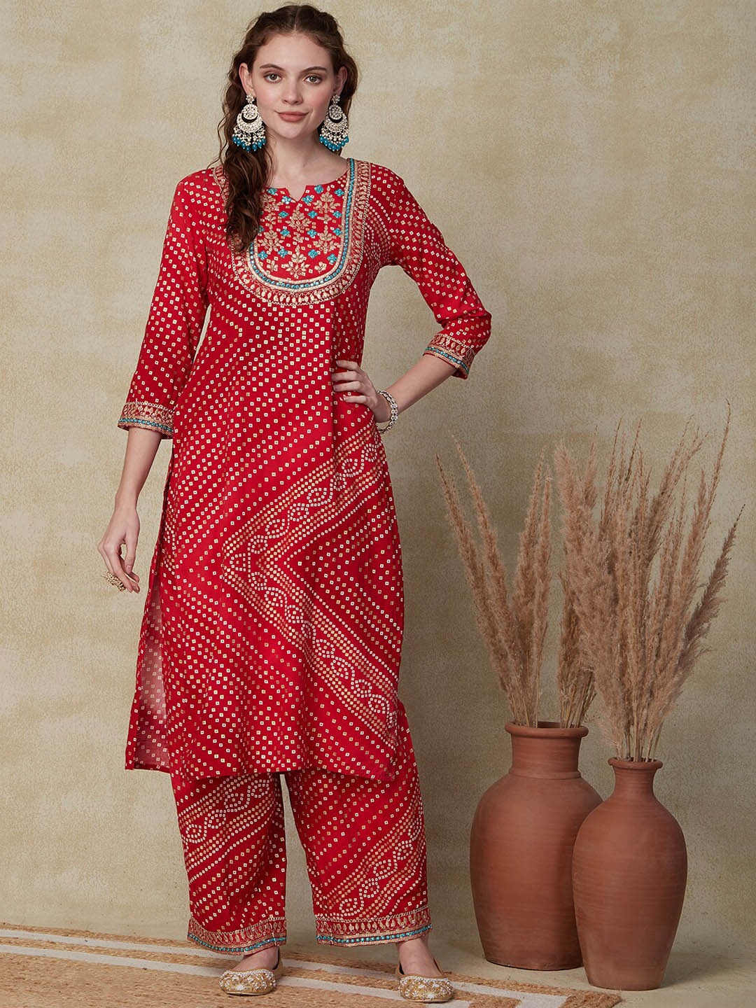 

FASHOR Bandhani Printed Regular Mirror Work Kurta With Trousers, Red