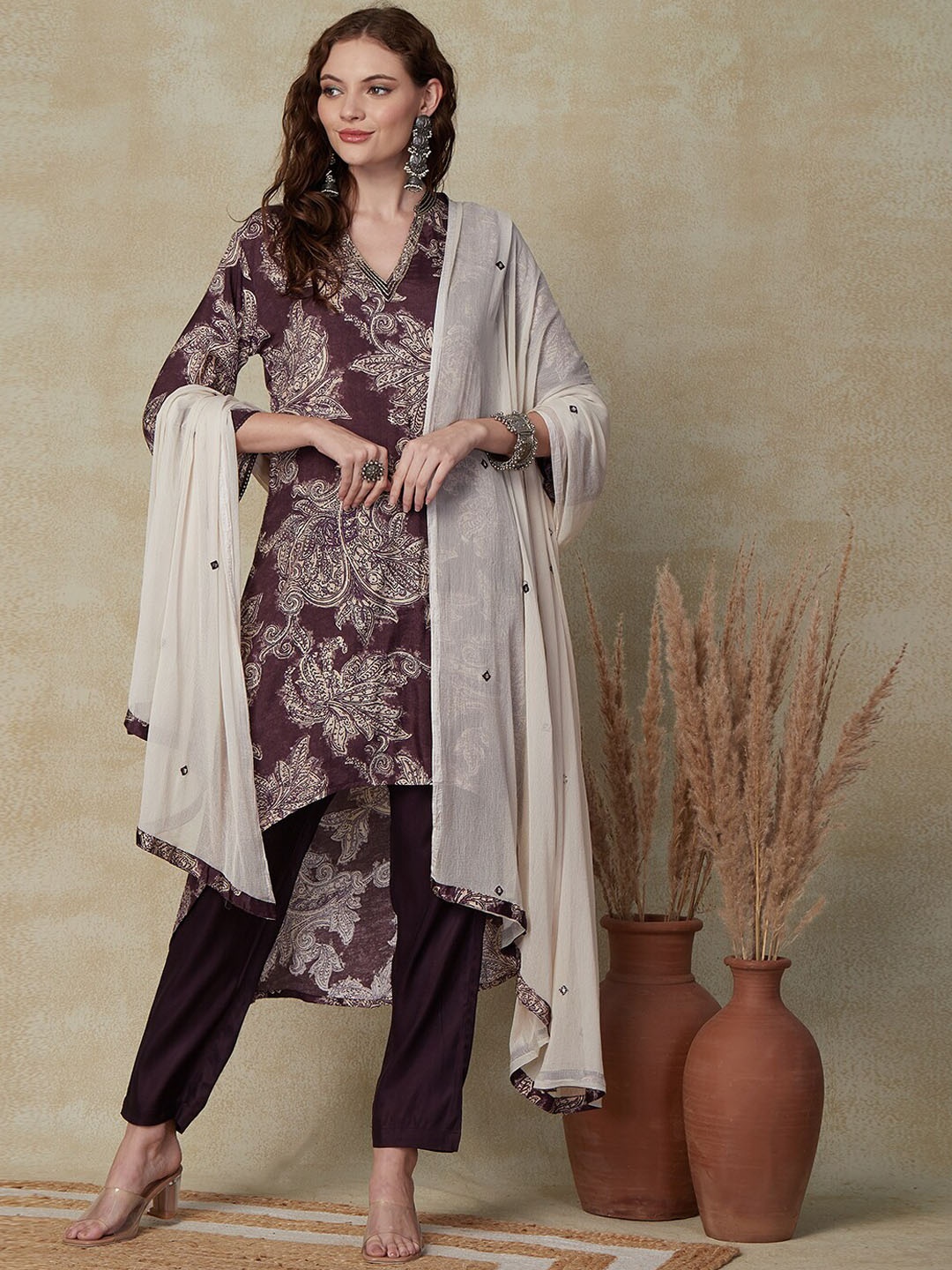 

FASHOR Floral Printed A-Line Kurta with Trousers & With Dupatta, Brown