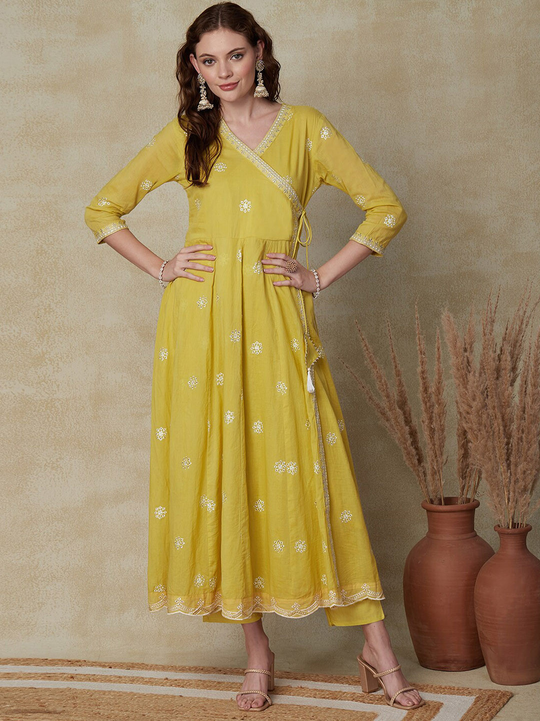 

FASHOR Ethnic Motifs Embroidered Angrakha Pure Cotton Kurta With Trousers & Dupatta, Yellow