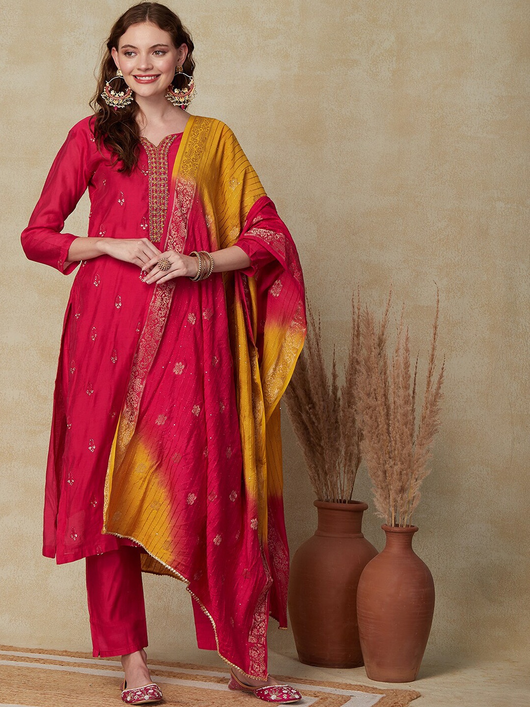 

FASHOR Ethnic Motifs Embroidered Regular Kurta with Trousers & Dupatta, Pink