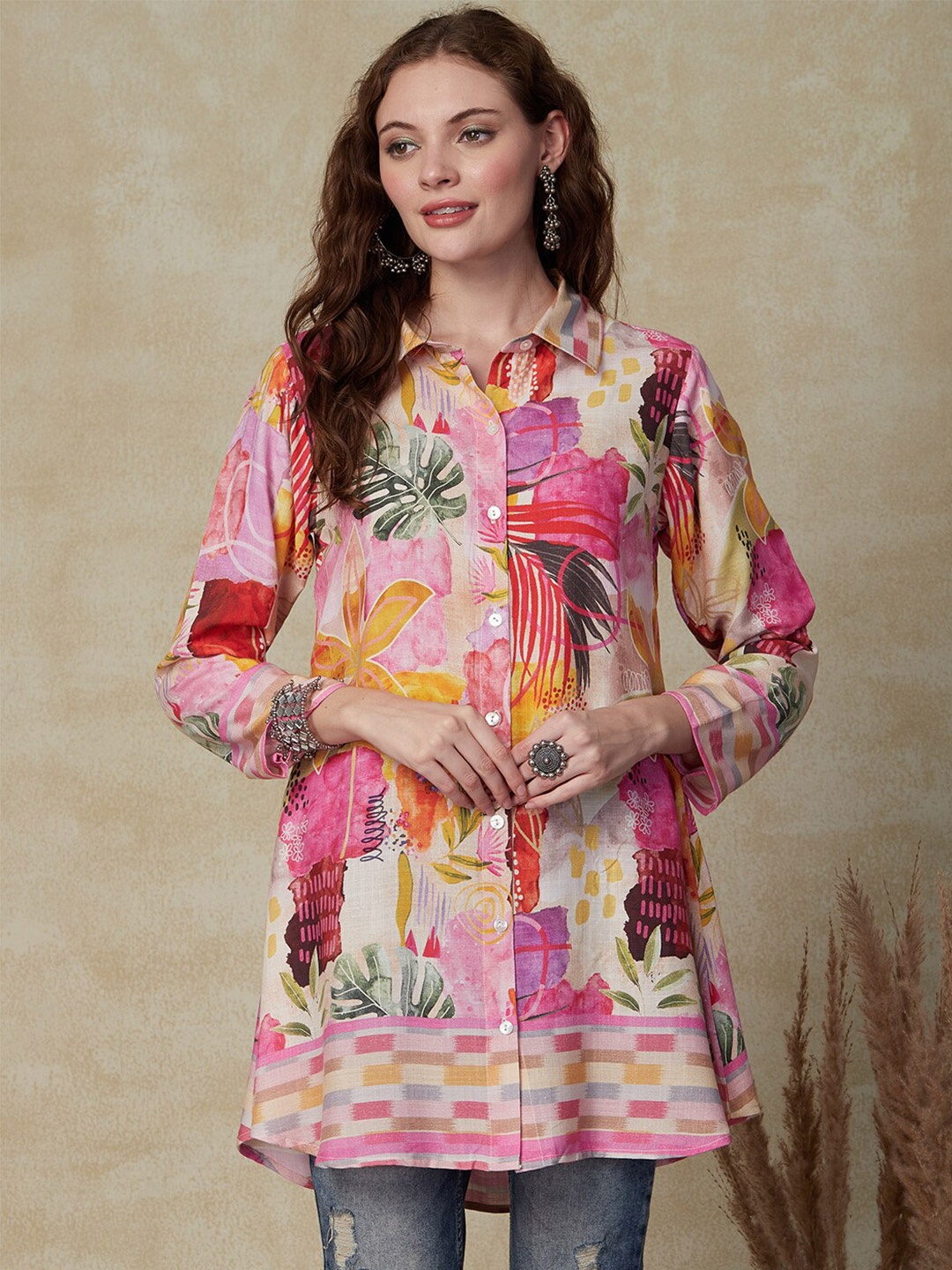 

FASHOR Tropical Printed Longline Casual Shirt, Beige