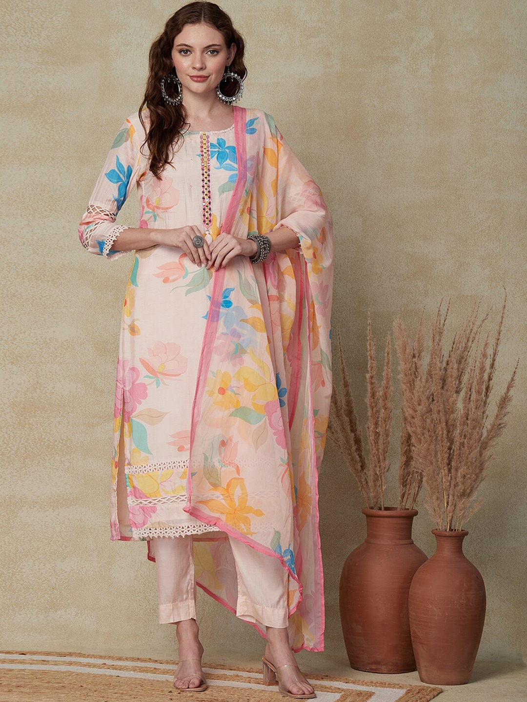 

FASHOR Floral Printed Mirror Work Regular Kurta with Trousers & With Dupatta, Pink