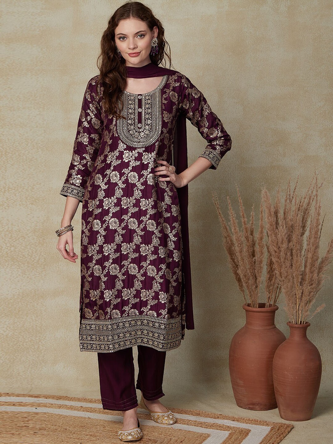 

FASHOR Floral Woven Design Kurta With Trousers & Dupatta, Mauve