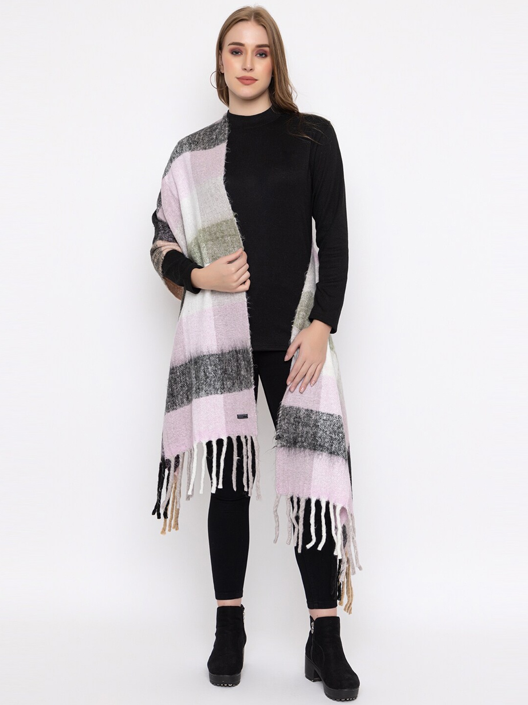 

513 Checked Tasselled Border Acrylic Stole, Pink