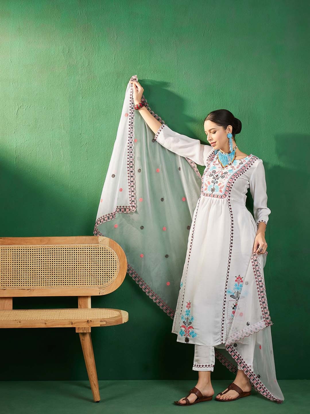 

Sangria Off White Embroidered A-Line Kurta With Trouser & Dupatta