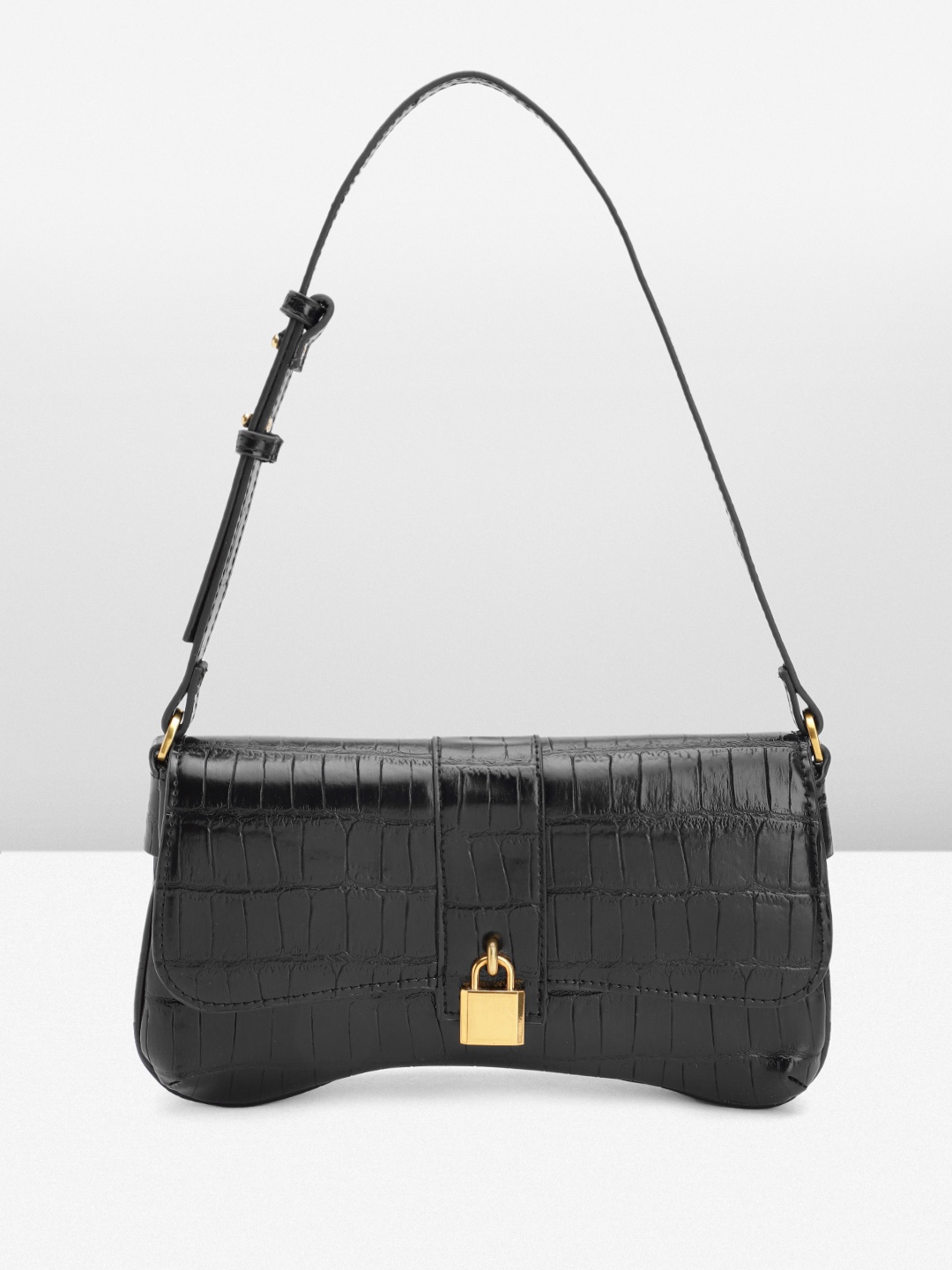 

MANGO Croc Textured Structured Baguette Bag, Black