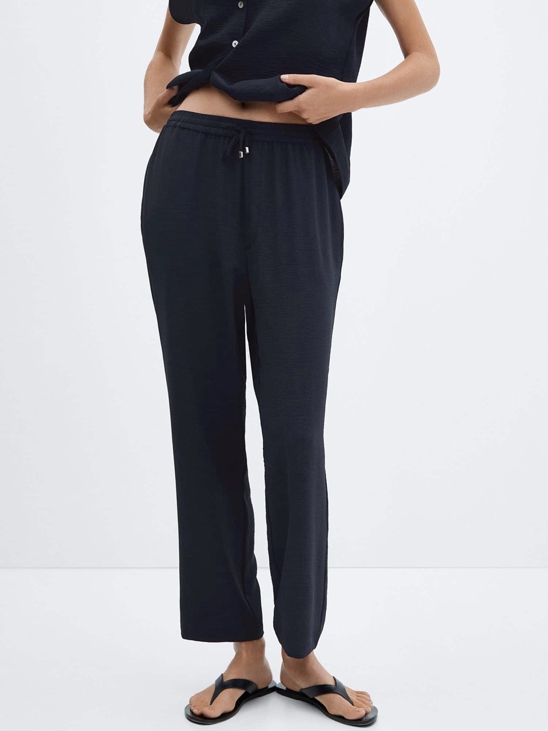 

MANGO Women Regular Fit Textured Trousers, Navy blue