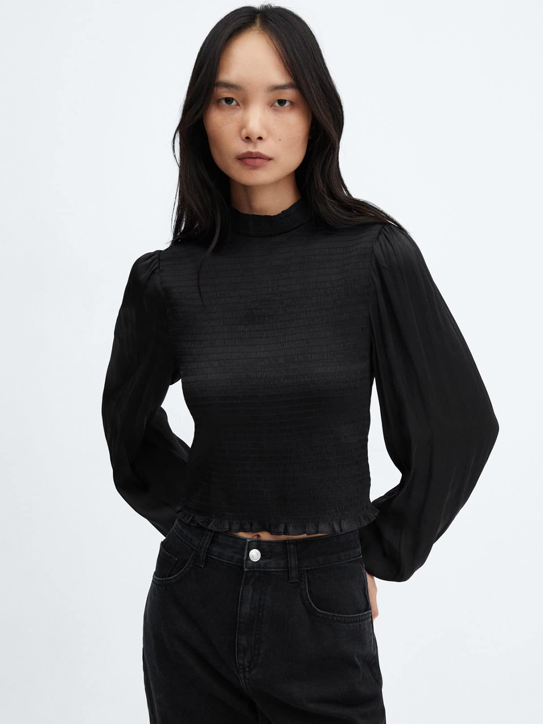 

MANGO Bishop Sleeves Satin-Finish Smocked Top, Black
