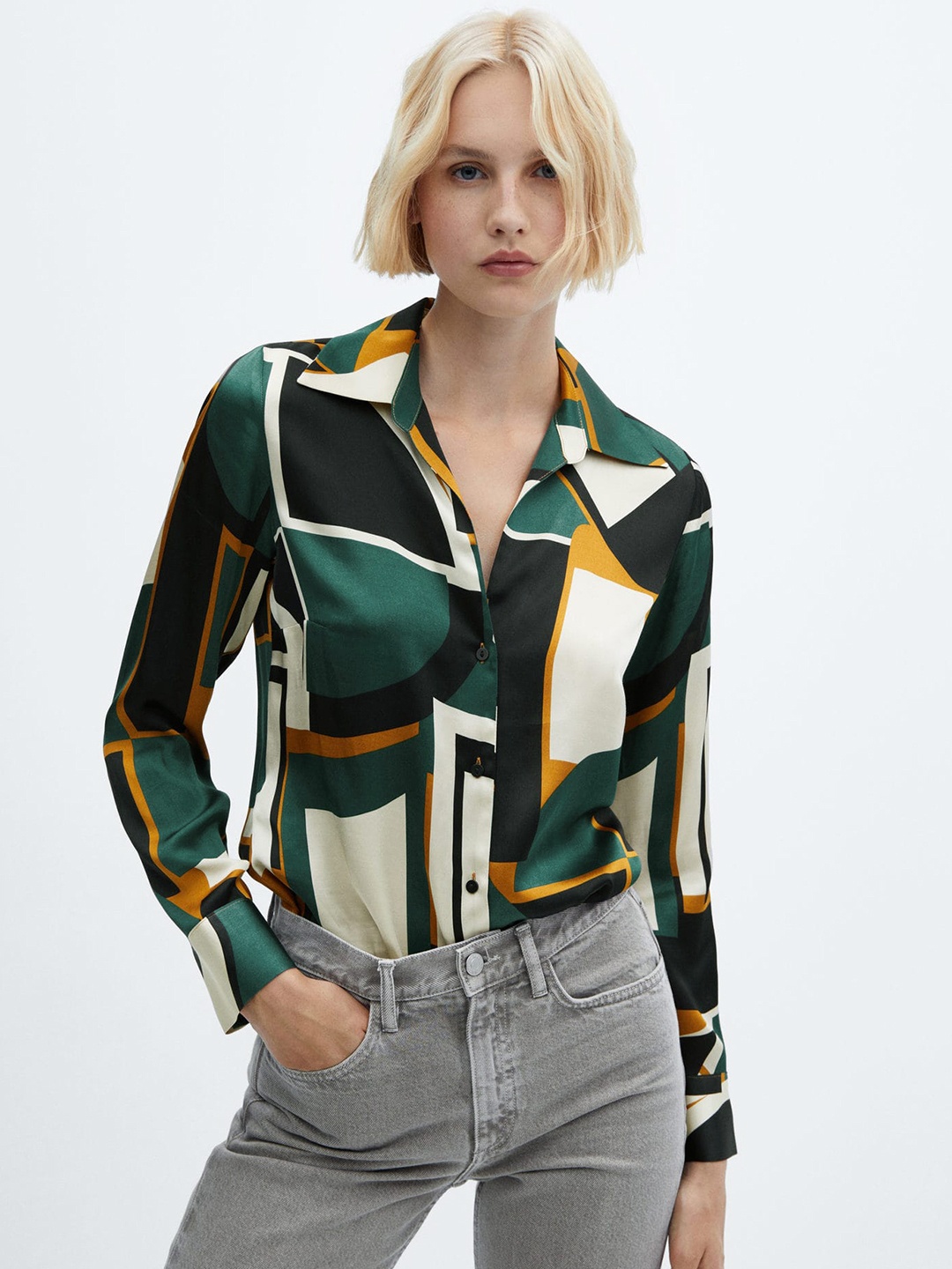 

MANGO Printed Satin-Finish Shirt, Green