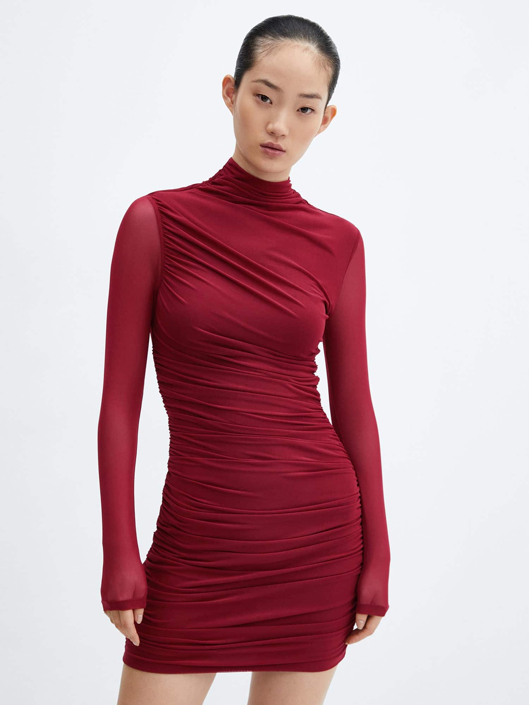 

MANGO Turtle Neck Draped Detail Bodycon Mini Dress, Burgundy