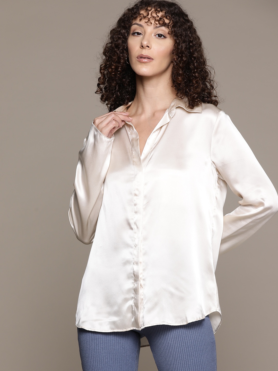 

MANGO Satin Silk Casual Shirt, Off white