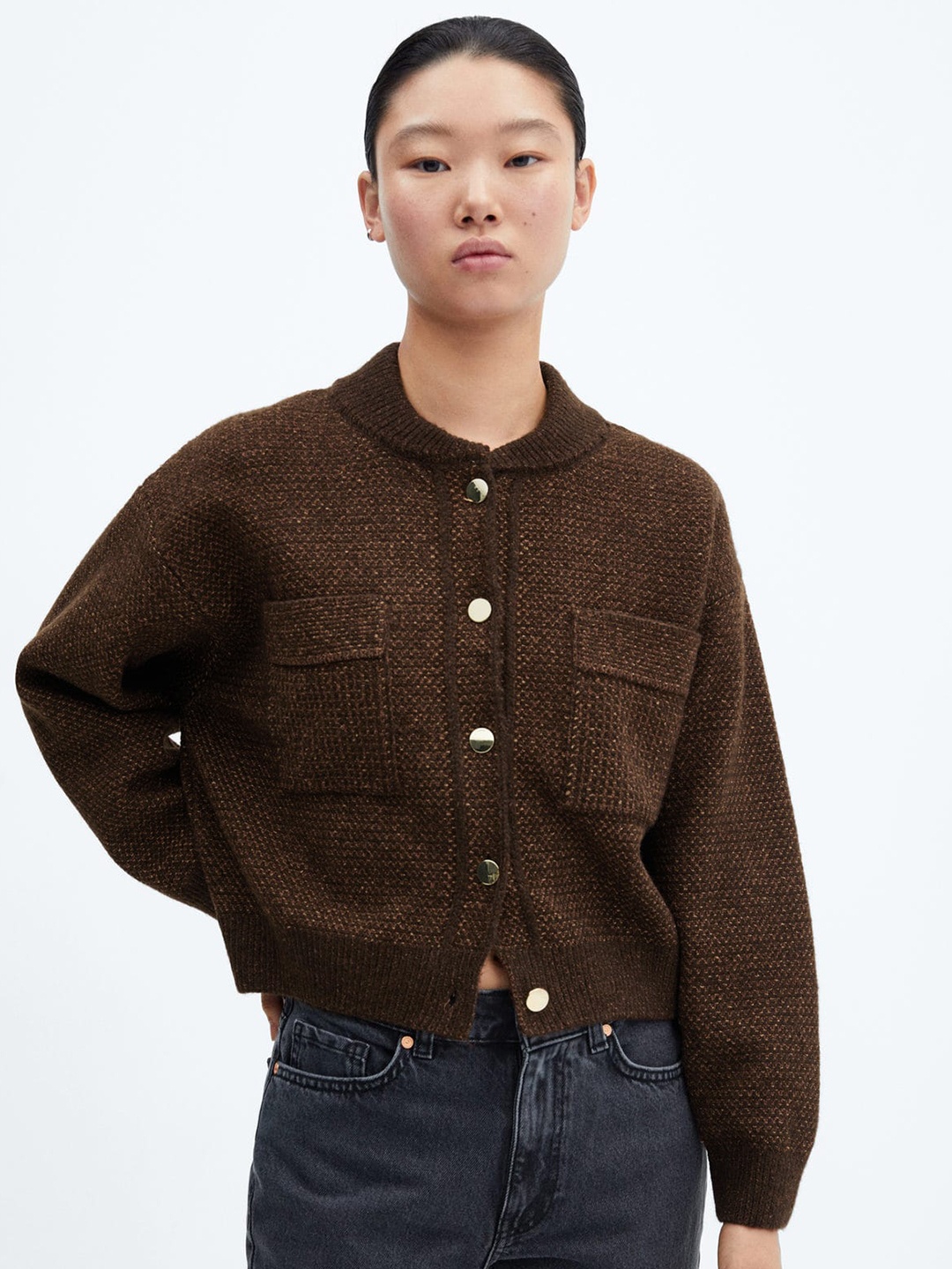 

MANGO Bomber Style Knitted Cardigan with Pockets, Brown