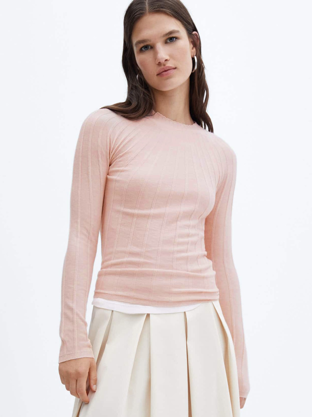 

MANGO Round Neck Ribbed Pullover, Pink