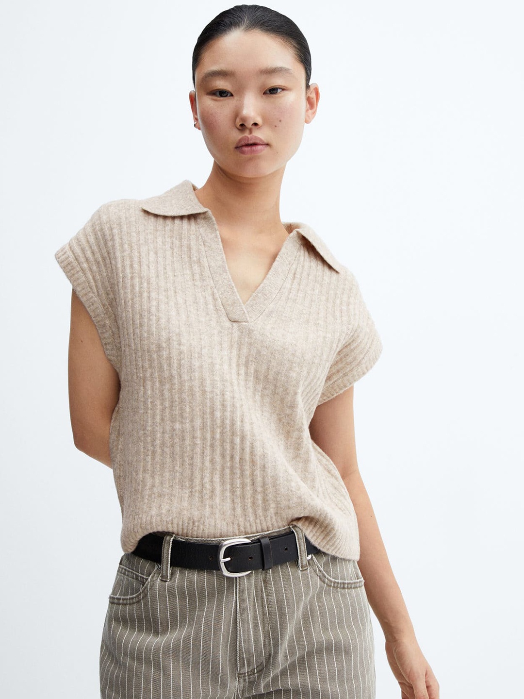 

MANGO Women Ribbed Polo Collar Pullover, Beige
