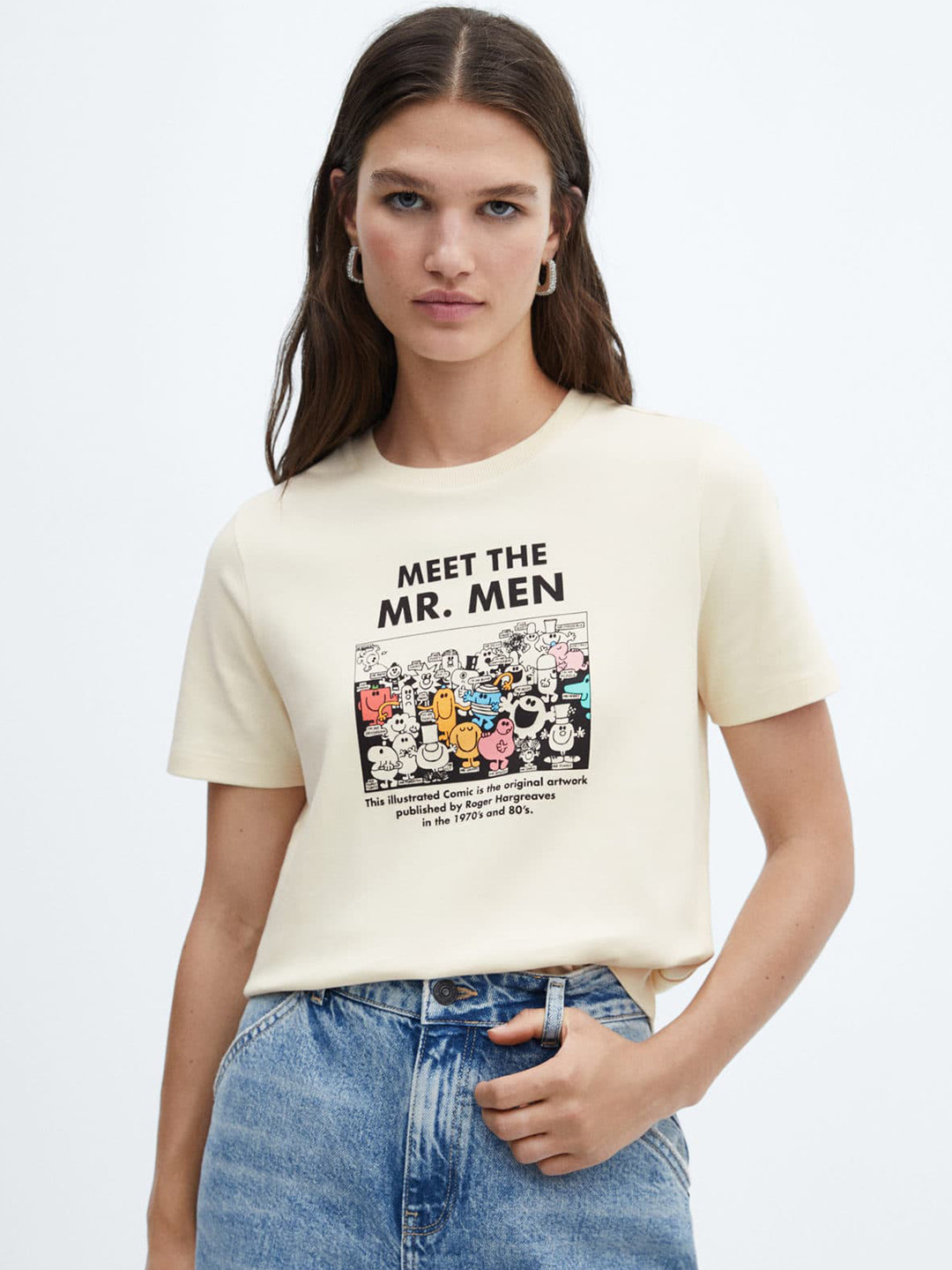 

MANGO Women Printed Pure Cotton T-shirt, Beige