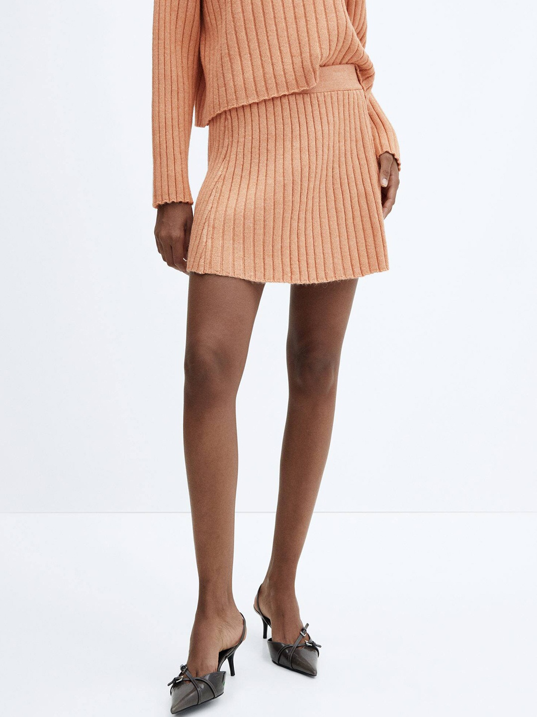 

MANGO Ribbed Flared Mini Skirt, Peach