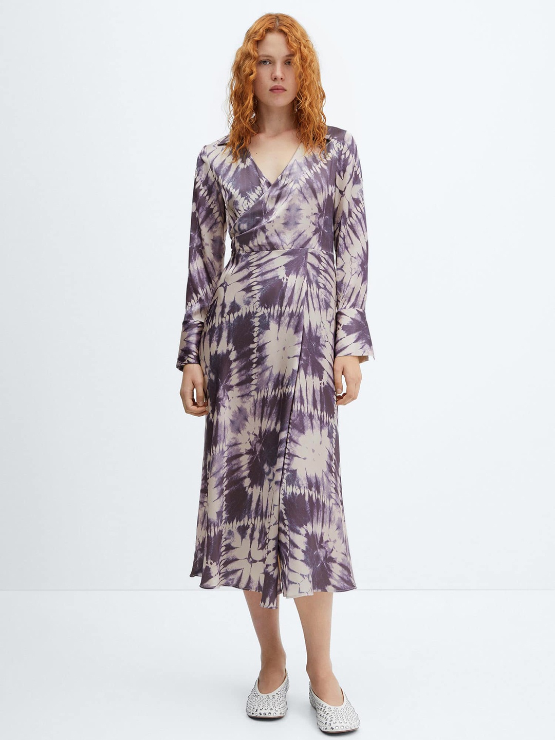 

MANGO Satin-Finish Tie and Dye Wrap Style A-Line Midi Dress, Purple