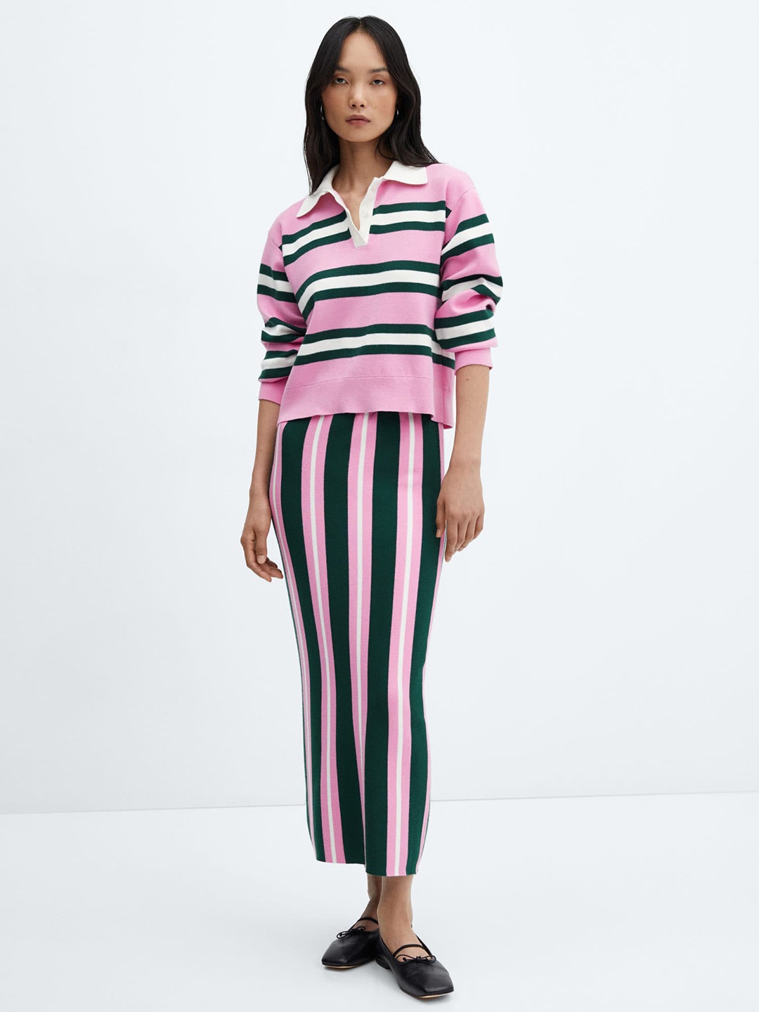

MANGO Striped Knitted Straight Midi Skirt, Pink
