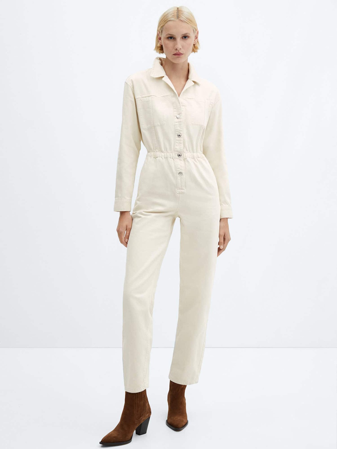 

MANGO Pure Cotton Denim Jumpsuit, Off white