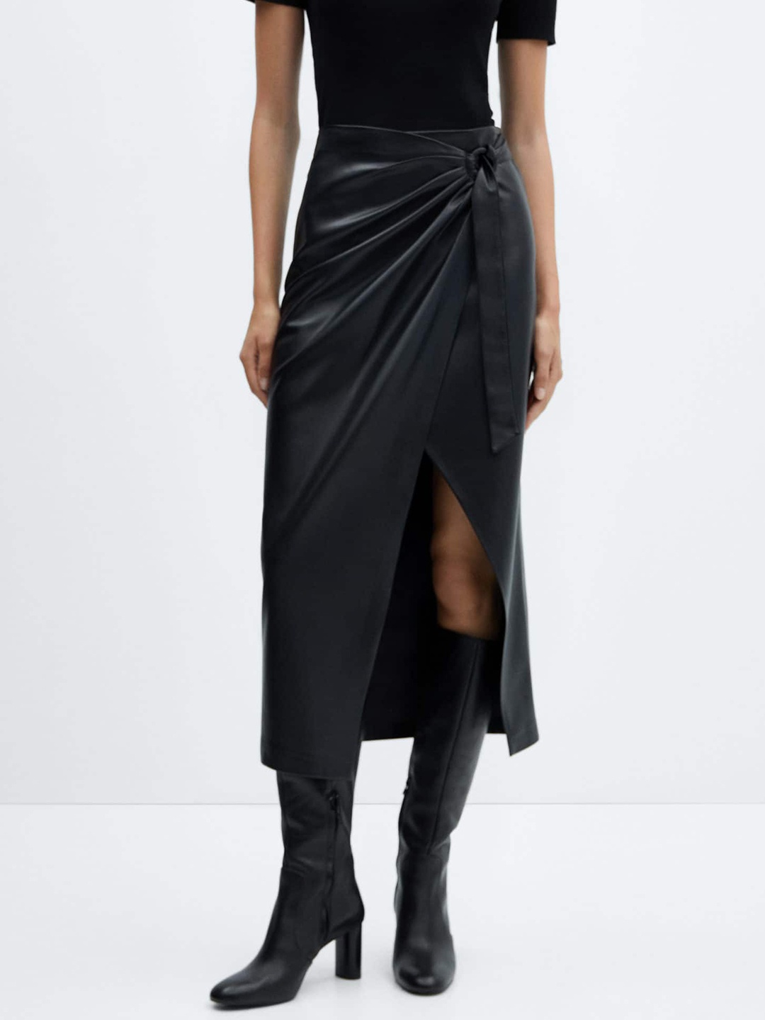 

MANGO Faux Leather Wrap Midi Skirt, Black