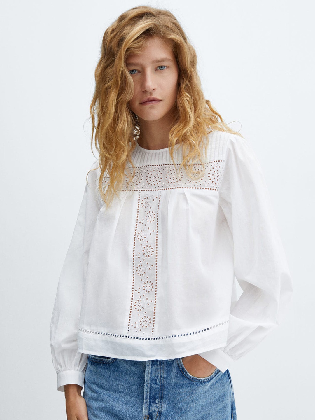 

MANGO Puff Sleeves Schiffli Cotton Top, White