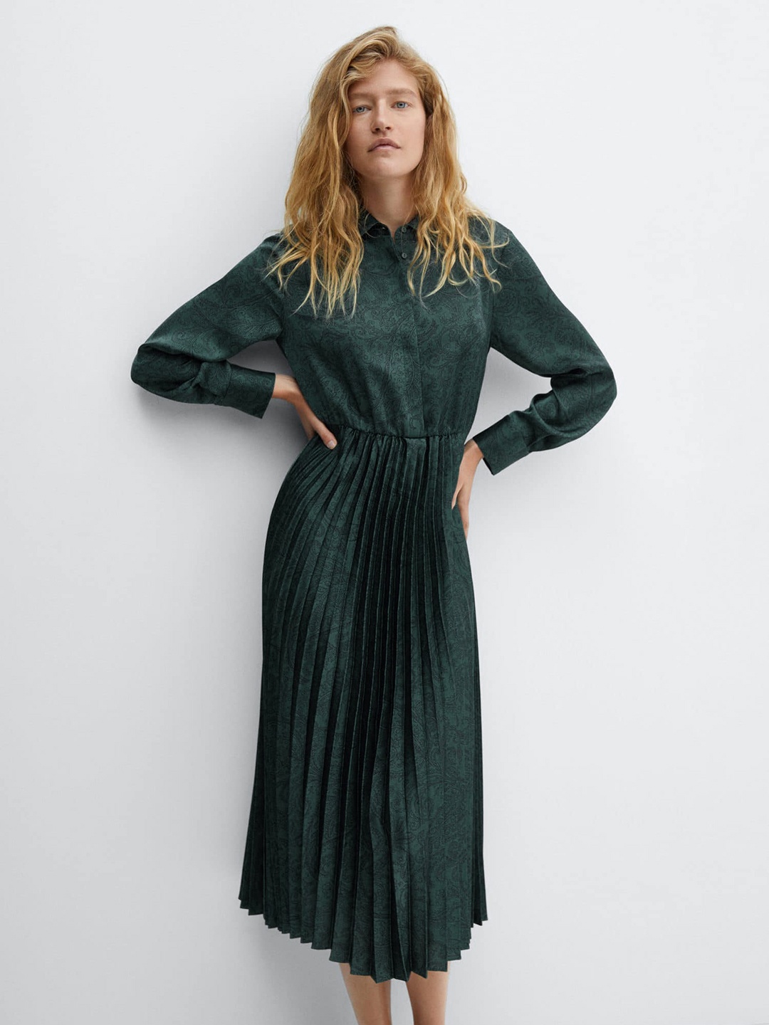 MANGO Accordion Pleats Paisley Print Satin Finish Shirt Dress, Green