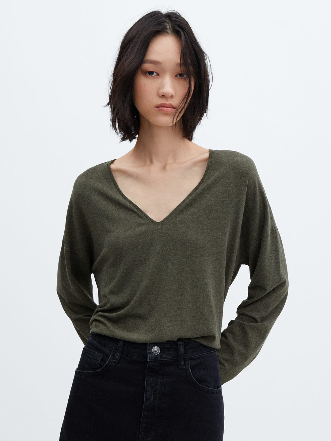 

MANGO Women V-Neck Drop-Shoulder Sleeves T-shirt, Olive