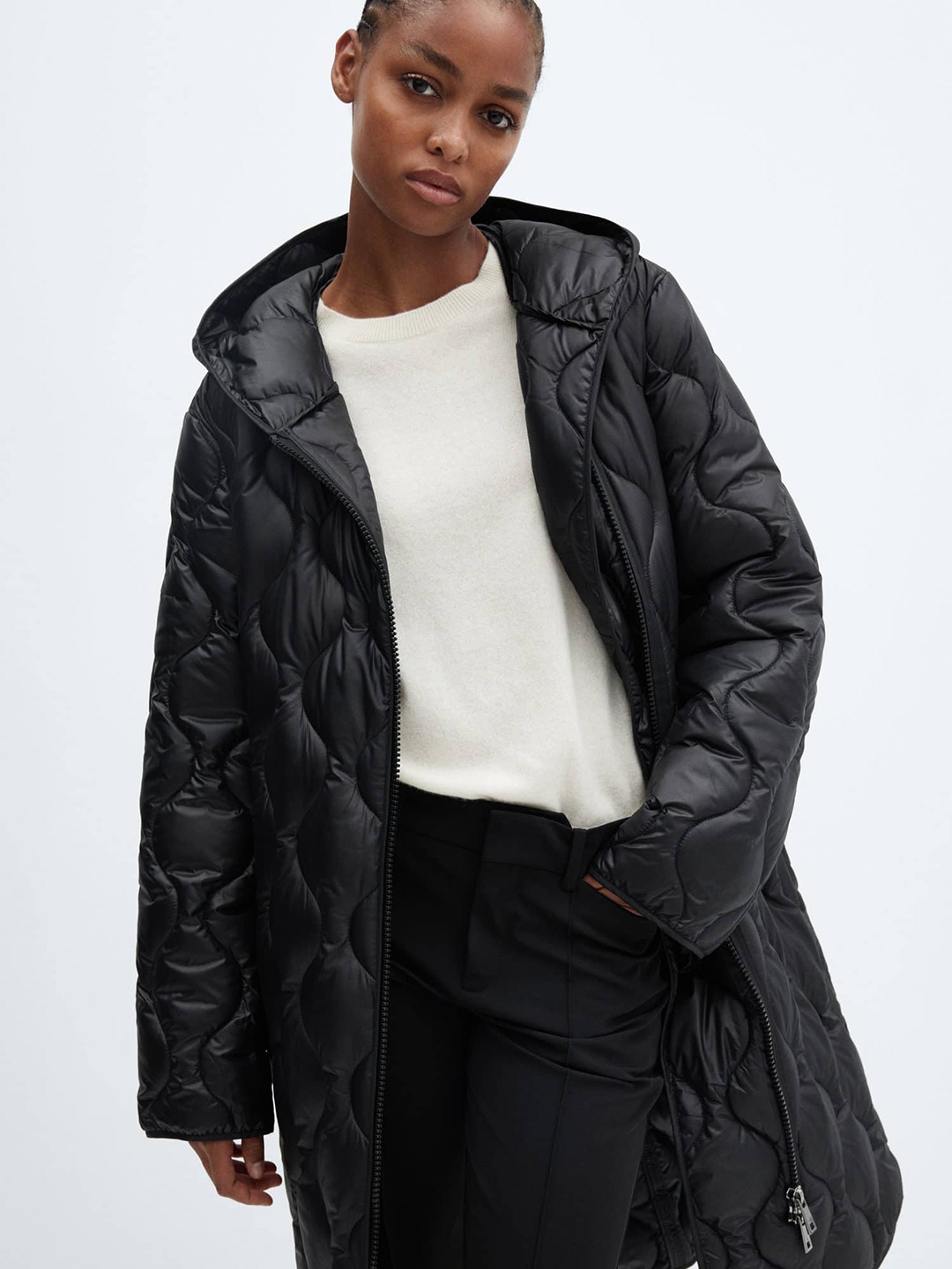 

MANGO Water Resistant Longline Hooded Quilted Jacket, Black