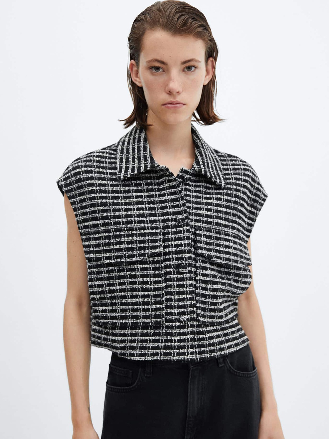 

MANGO Self-Design Shirt Style Top, Black