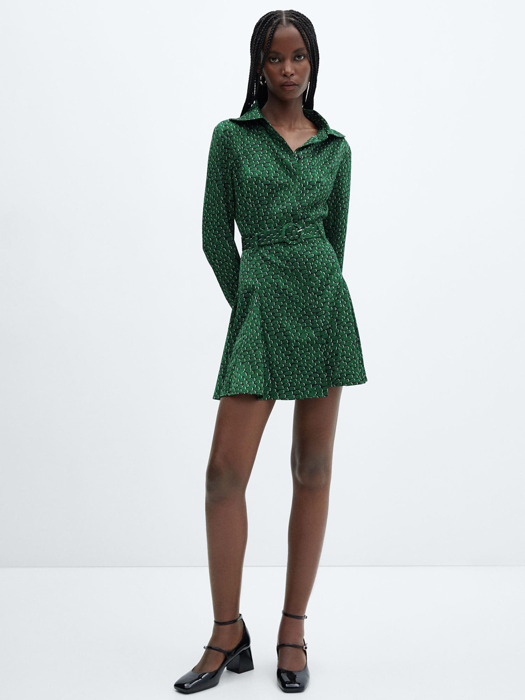 

MANGO Animal Print Shirt Style Belted Mini Dress, Green