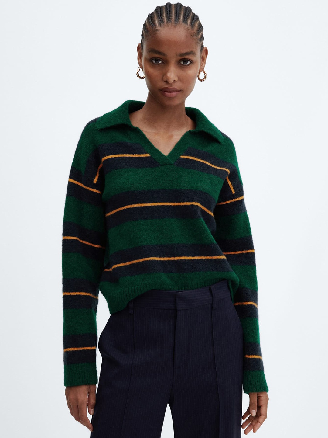 

MANGO Notched Polo Collar Striped Pullover, Green