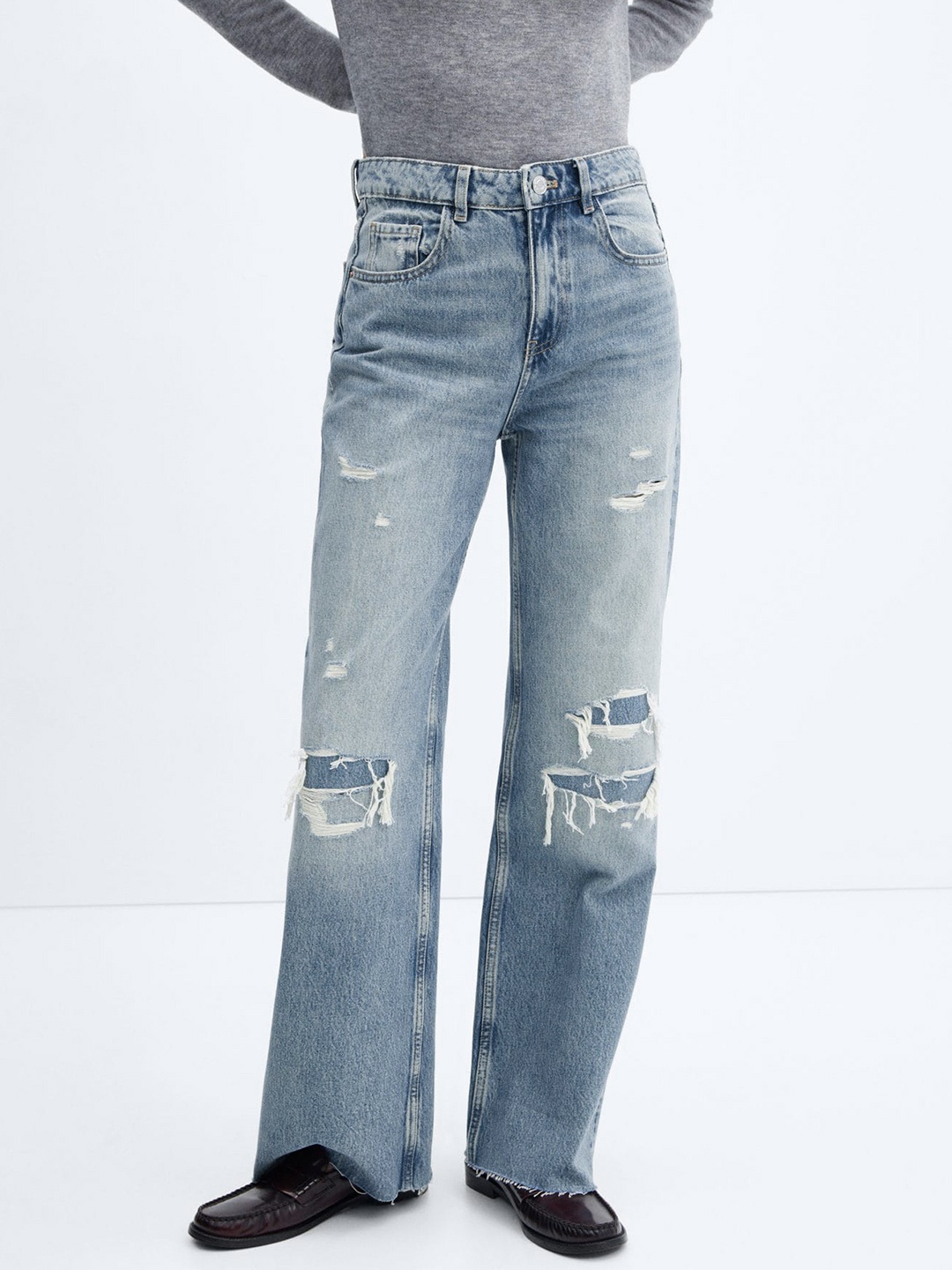 

MANGO Women Wide Leg Mildly Distressed Light Fade Pure Cotton Jeans, Blue