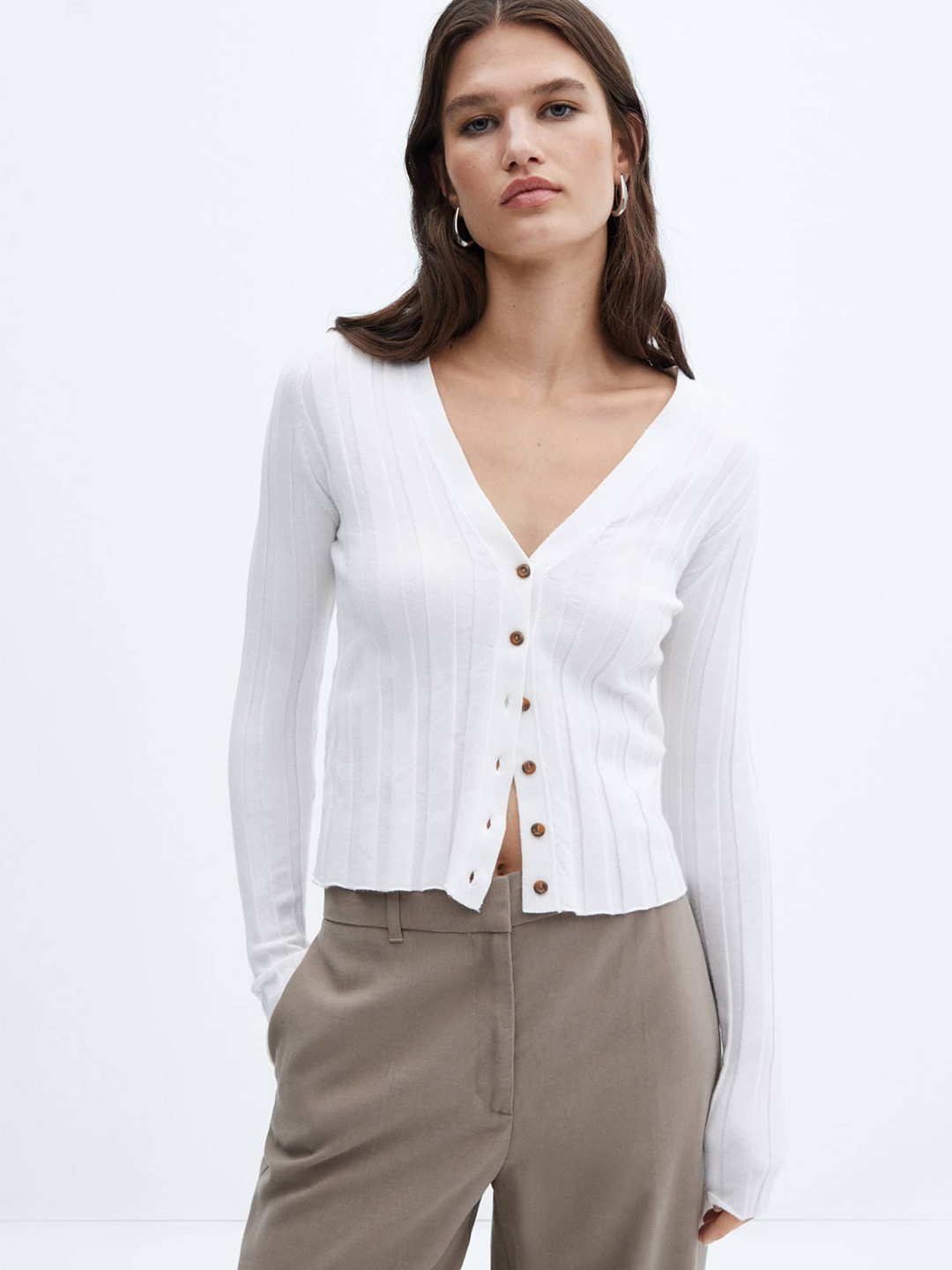 

MANGO V-Neck Ribbed Cardigan, White
