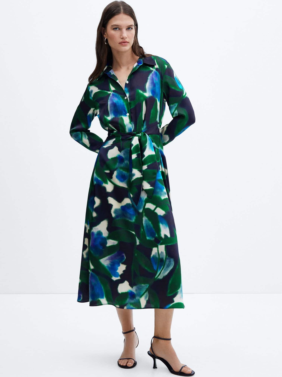 

MANGO Abstract Print Waist Tie-Ups Detailed Shirt Style Midi Dress, Green