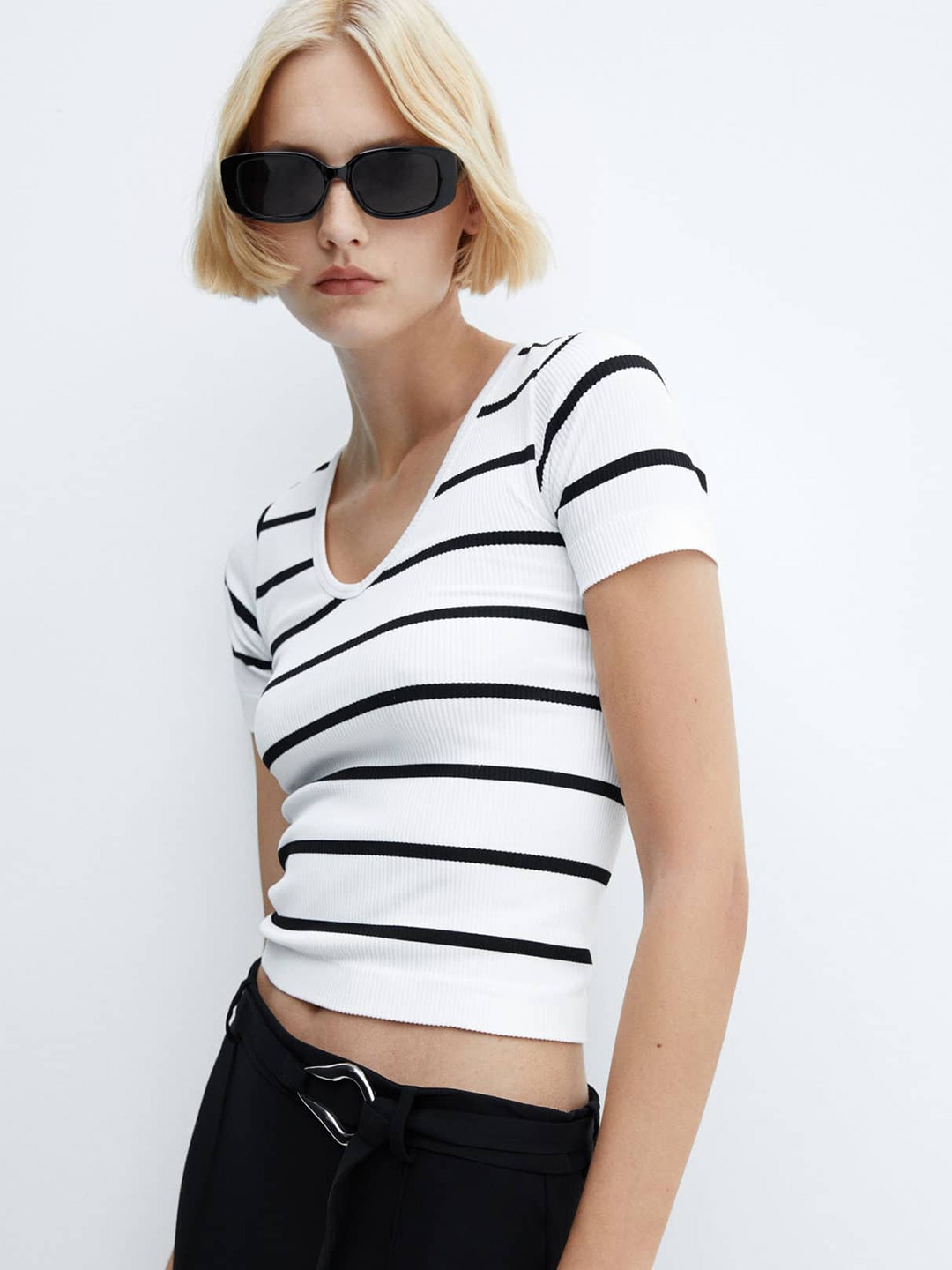 

MANGO Women Striped T-shirt, White