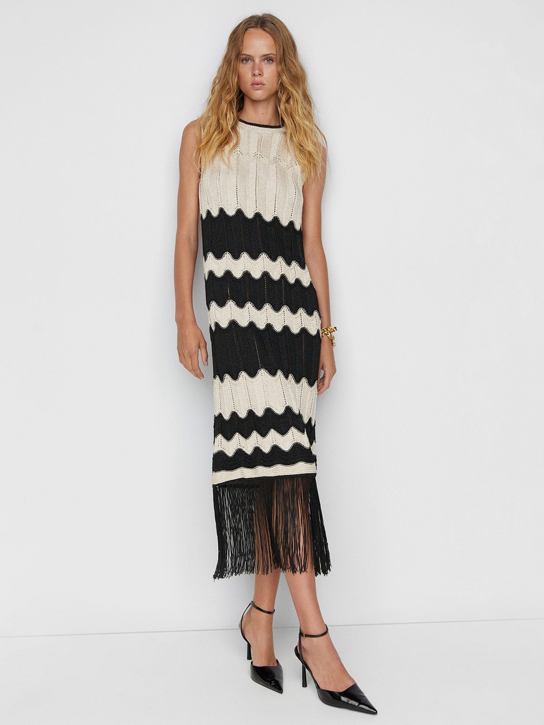 

MANGO Fringed Sheath Midi Dress, Off white