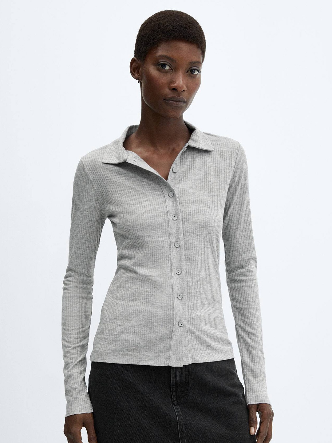 

MANGO Women Ribbed Casual Shirt, Grey