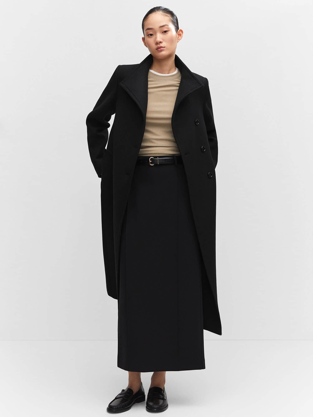 

MANGO Funnel Neck Lapel Collar Belted Manteco Wool Longline Trench Coat, Black