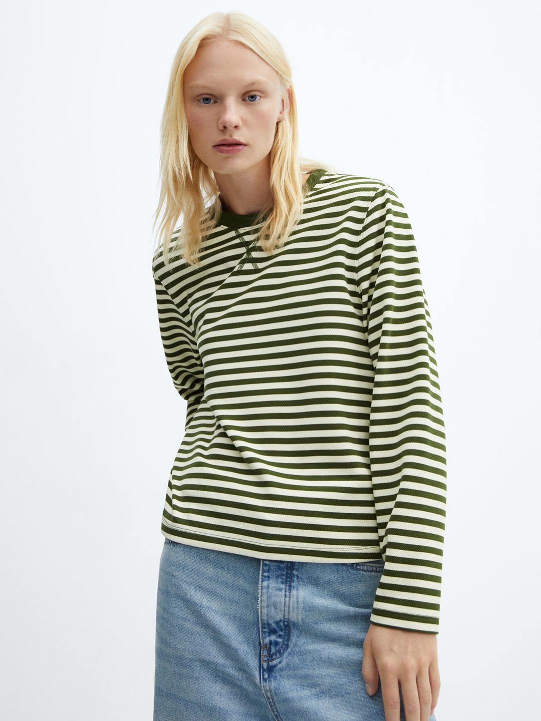 

MANGO Round Neck Striped Sweatshirt, White