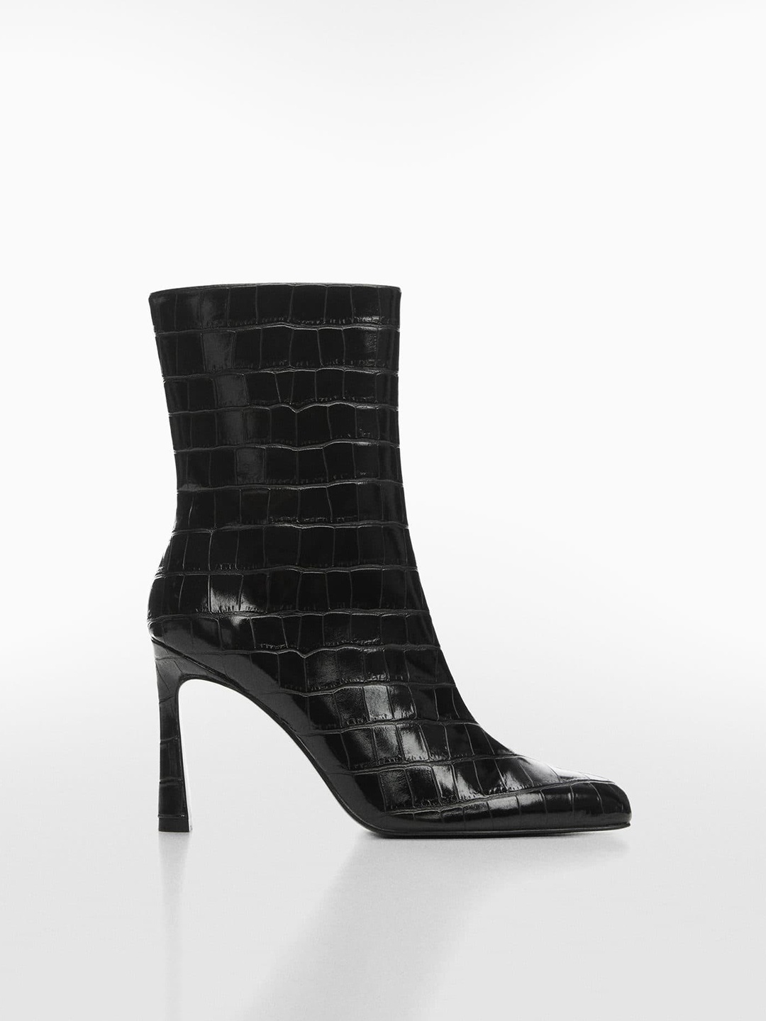 

MANGO Women Croc Textured Mid-Top Slim Heel Boots, Black