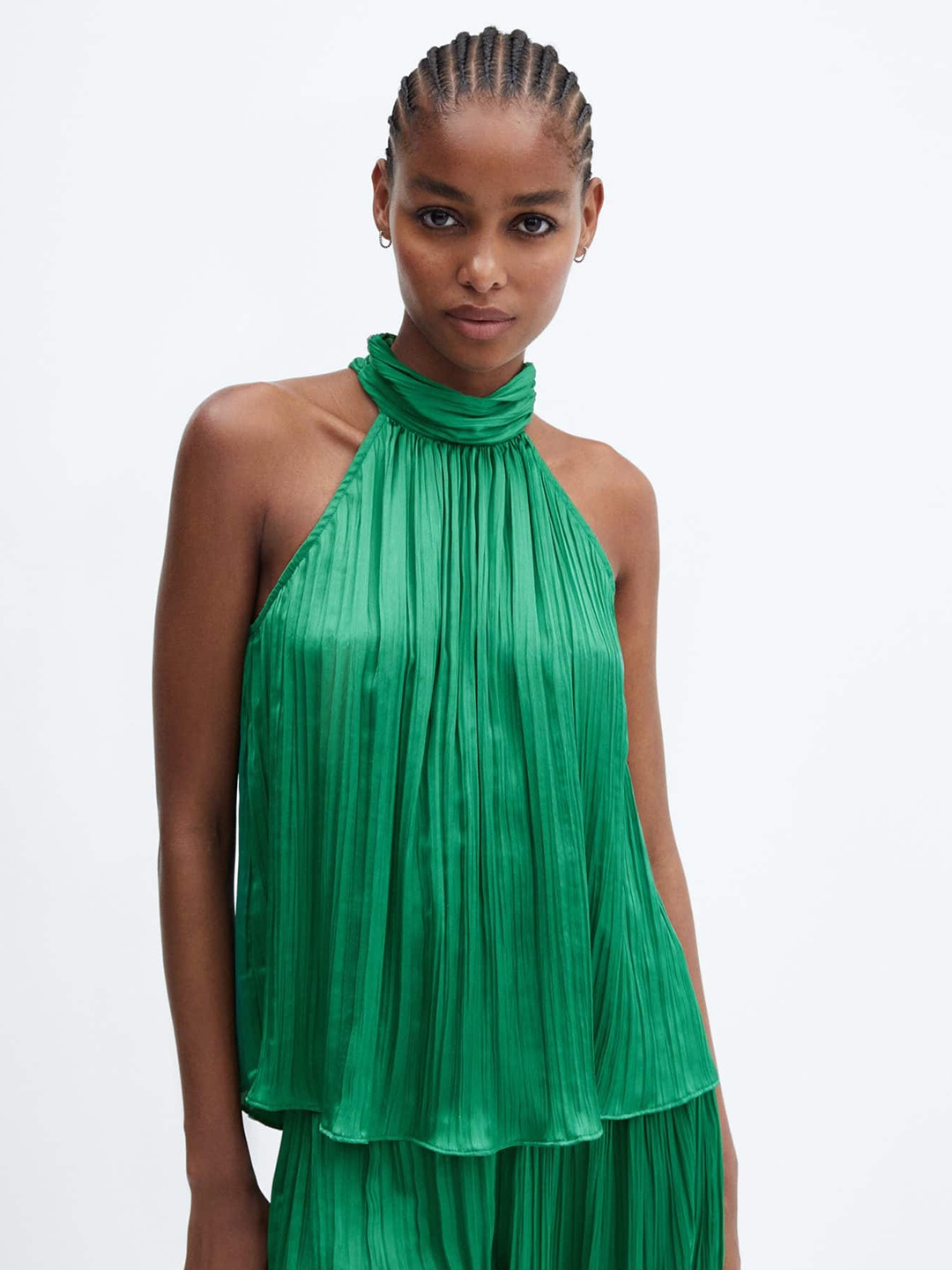 

MANGO Halter Neck Accordion Pleated Top, Green