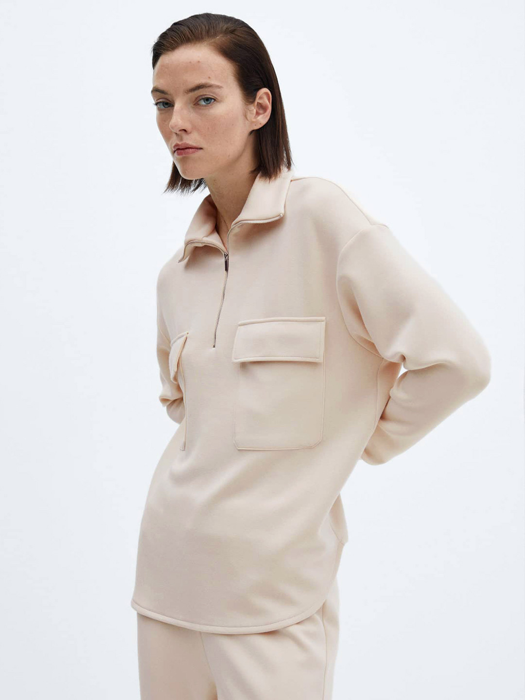 

MANGO Women Shirt Collar Sweatshirt, Beige