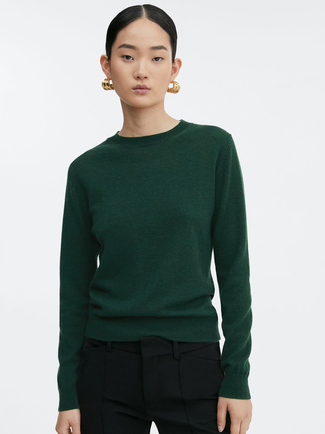 

MANGO Fine Knit Woollen Pullover, Green